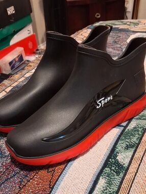 Sporto Black Matte Waterproof Ankle Rain Boots with Red Outsole